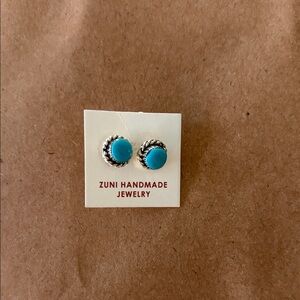 Zuni Handmade Turquoise Button Stud Sterling Silver Earrings